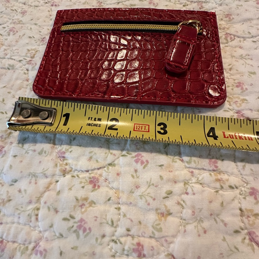Below the Belt cardholder. Maroon faux snakeskin pink lining 2 card slots 1 zip